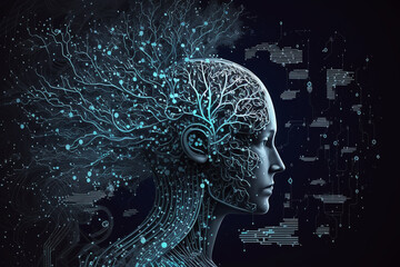 Technology background Data flow concept. Big data technology and data science illustration, flowing, Waves, dynamic, IT, 3D Wired Shape Cyborg Head, Network forming AI robot face 