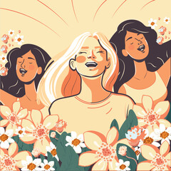 Poster - Modern Three Young Women Characters Shouting On Floral Decorated Background.