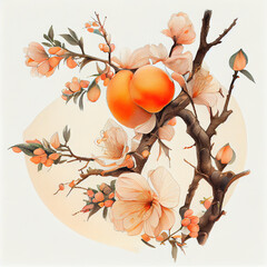 Wall Mural - Cartoon. Illustration of a blooming peach branch. generative ai