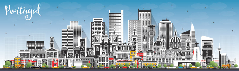 Wall Mural - Portugal. City Skyline with Gray Buildings and Blue Sky. Vector Illustration. Concept with Modern and Historic Architecture. Portugal Cityscape with Landmarks.