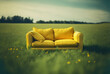 Yellow couch in green grass field, summer atmosphere, summer season banner, enjoying life