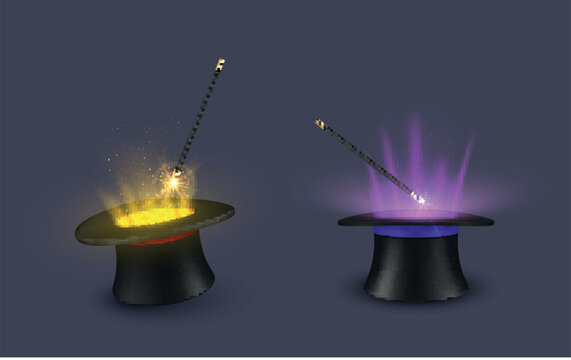 Focus wizard hat with magic wand circus magician trick sparkling light set realistic vector