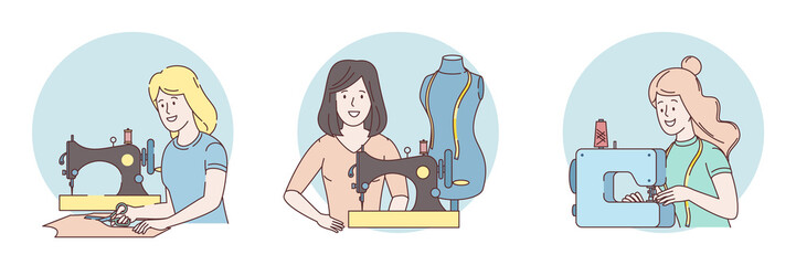 A woman seamstress works on a sewing machine. Female fashion designer at her workplace. Seamstress sewing on an industrial sewing machine. Fashion and tailoring concept. Set of 3 illustrations