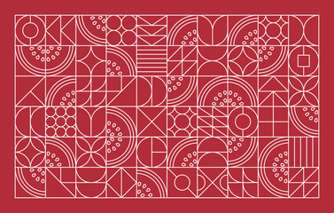 Abstract line art with watermelon fruit elements and various geometric shapes. Simple pattern of triangles, squares, circles. For backgrounds, posters, covers, prints for food or beverage packaging.