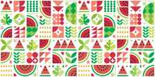 Red Watermelon Pattern Artwork With Geometric Shape Elements. Colorful Summer Poster Design. Scandinavian Style Abstract Vector. Illustration Of Watermelon Slices, Seeds, Rind, Leaves, And Flowers.
