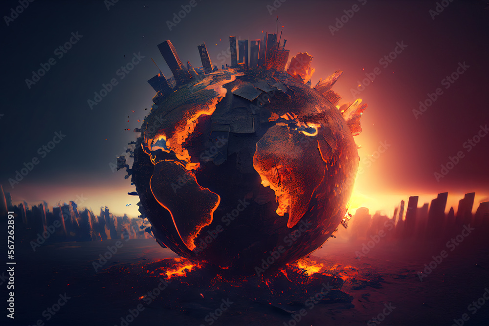 Climate Risk Distruction An earth globe map is on fire. Map. Pollution. Environmental. Crisis ...