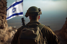 Patriotic Israeli Soldier With Flag Back View. Military. Patriotism. Honor. Respect. Stars And Stripes. Service. Pride. Duty. Sacrifice