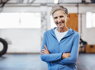 Poster - Senior woman, gym and portrait of a person happy about fitness, training and exercise with mockup. Sports, happy and pilates studio of mature female with arms crossed proud about wellness and health