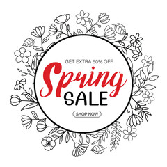 Sticker - Spring sale banner with leaf and flower hand drawn on white background. Poster sale up to 50% off.