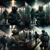 Fototapeta  - figure of a soldier against a background of metro. Generative AI