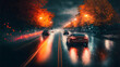 modern cars on rainy night illuminated road, neural network generated art