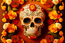 Bright Yellow Orange Colored Skull With Flowers For Mexican Rituals