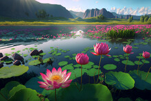 The Pond Is Full Of Colorful Lotus Flowers. Generative AI	