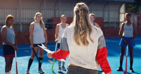 Poster - Instructions, sports and hockey team with coach for planning, game strategy and goals for female players on court. Fitness, training and woman coaching girls for match, practice and competition