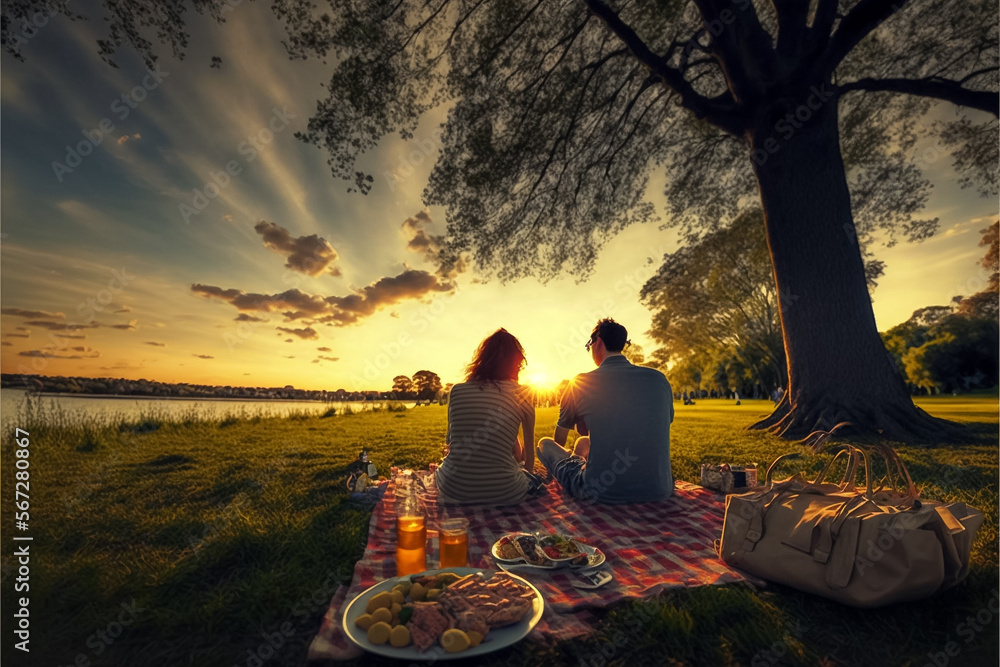 A romantic couple having a picnic outdoors at sunset in saint valentine ...