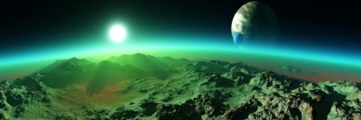 Wall Mural - alien landscape of alien surface at star rising with two satellites, 3d rendering