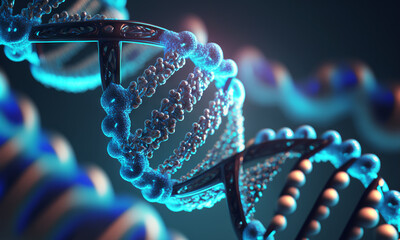 Aufkleber - Concept of the evolution of human DNA in the distant future. View under the microscope. Blue helix background close-up. Generative ai