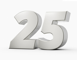 silver 3d numbers 25 twenty five. isolated white background 3d illustration