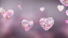Gorgeous Glass Hearts Filled With Confetti, On A Pink Bokeh Background. 3D, Valentine's Day, Wedding, Love & Romance Concept. Copy Space. Wallpaper, Backdrop, Card, Magazine, Blog, Generative AI.