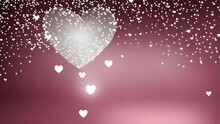 Big Silver Heart And Tiny White Hearts Floaring On The Pink Sorbet Background. Valentine's Day, Wedding, Love & Romance, Viva Magenta Concept. Copy Space. Wallpaper, Backdrop, Card, Generative AI.