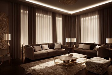 Living room interior design, luxurious and glamorous style, furniture, hotel, generative ai