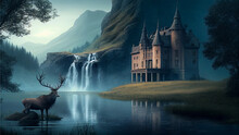 Fantasy Landscape With Deer, Castle, Lake  And Tree