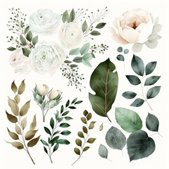 Wall Mural - Watercolor floral illustration set. White flowers image green leaves collection elements. Perfect for wedding or birthday invitations, generative ai