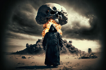 Wall Mural - concept of grim reaper standing in front of atomic bomb explosion