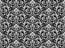 Wallpaper In The Style Of Baroque. Seamless Vector Background. White And Black Floral Ornament. Graphic Pattern For Fabric, Wallpaper, Packaging. Ornate Damask Flower Ornament