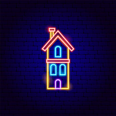 Sticker - Neon Yellow House Sign. Vector Illustration of Seasonal Greetings. Holiday Celebration. Building and Architecture.