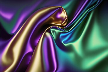 Wall Mural - gold, green and purple  swirling satin background fabric texture colorful, generative ai