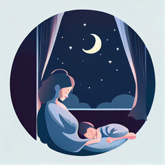 Illustration of a sad mother and baby resting on a bed, eyes closed, against a backdrop of a starry night sky. Depicting the struggles of postpartum. Generative AI