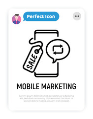 Wall Mural - mobile marketing, digital promotion, online advertising in blogs, repost. thin line icon. smartphone