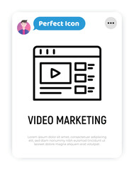 Wall Mural - video marketing thin line icon. web page with button play. promotion, advertising in video. vector i