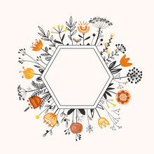 Frame With Doodle Hand Drawn Herbs And Flowers In Scandinavian Style. Cartoon Vector Isolated Illustration