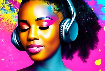 Stylized portrait of a beautiful black girl with headphones, with paint splashes. colorful paints smudges, spatter. Generative ai