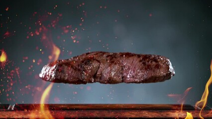 Wall Mural - Flying pieces of grilled beef steak falling on table. Filmed on high speed cinema camera, 1000 fps.