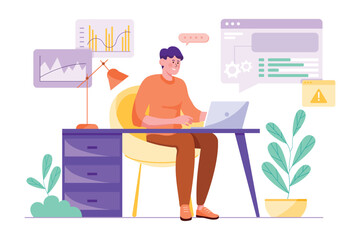 Wall Mural - data analysis purple concept with people scene in the flat cartoon style. employee works on analysis