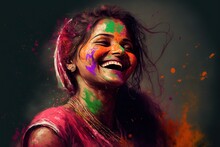 Celebration Of Holi Festival Day Colorful Illustration Of Young Woman Covered In Paint Illustration Generative Ai