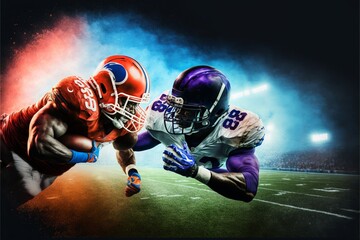 two american football players playing a game, one of them in a blue uniform and the other in a red uniform. AI generative content