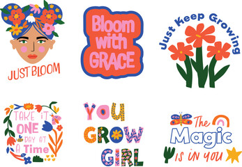 cute set of colorful matisse style spring illustrations of floral motifs and positive slogans. graph