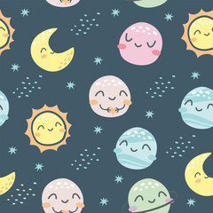 Wall Mural - Seamless vector pattern. Children's pattern for printing on products. Cute planets with smiling faces. A pattern with a dark background 