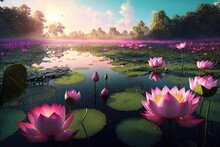 The Pond Is Full Of Colorful Lotus Flowers,The Pink Lotus Is Very Clear And Beautiful. Generative AI