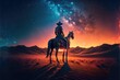 A lone horse rider cowboy, set against the dramatic backdrop of a star-filled sky and a desert landscape, is illuminated by a vibrant and captivating shot, Ai Generative, illustration