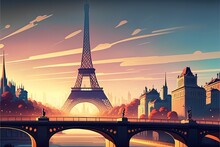 Paris City Skyline In Cartoon Style , Digital Art Style, Illustration Painting, Fantasy Concept Of A Cartoon Paris City