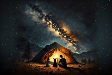 camping under starry night sky Milky way watching. man woman and dog people next to tent in national park. Star gazing.illustration generative ai