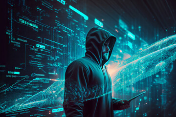 Wall Mural - male technician standing facing a virtual environment with big data and an artificial intelligence c