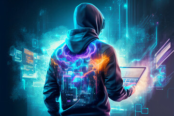 Wall Mural - male technician standing facing a virtual environment with big data and an artificial intelligence c