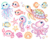 Fototapeta Paryż - Cute little sea animals. Cartoon funny underwater creatures with big eyes. Marine fauna watercolor clipart set - sea turtle, octopus, jellyfish, seahorse, crab, fish, clown fish, starfish.