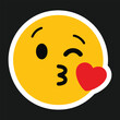 Face Blowing a Kiss vector icon. Isolated yellow face winking with puckered lips blowing a kiss, depicted as a small, red heart. Goodbye, good night, kiss sign sticker. 